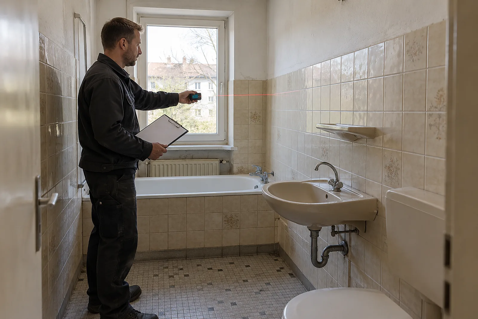Badsanierung Kosten: Installateur misst ein altes Bad der 1960er-Jahre mit dem Laser aus