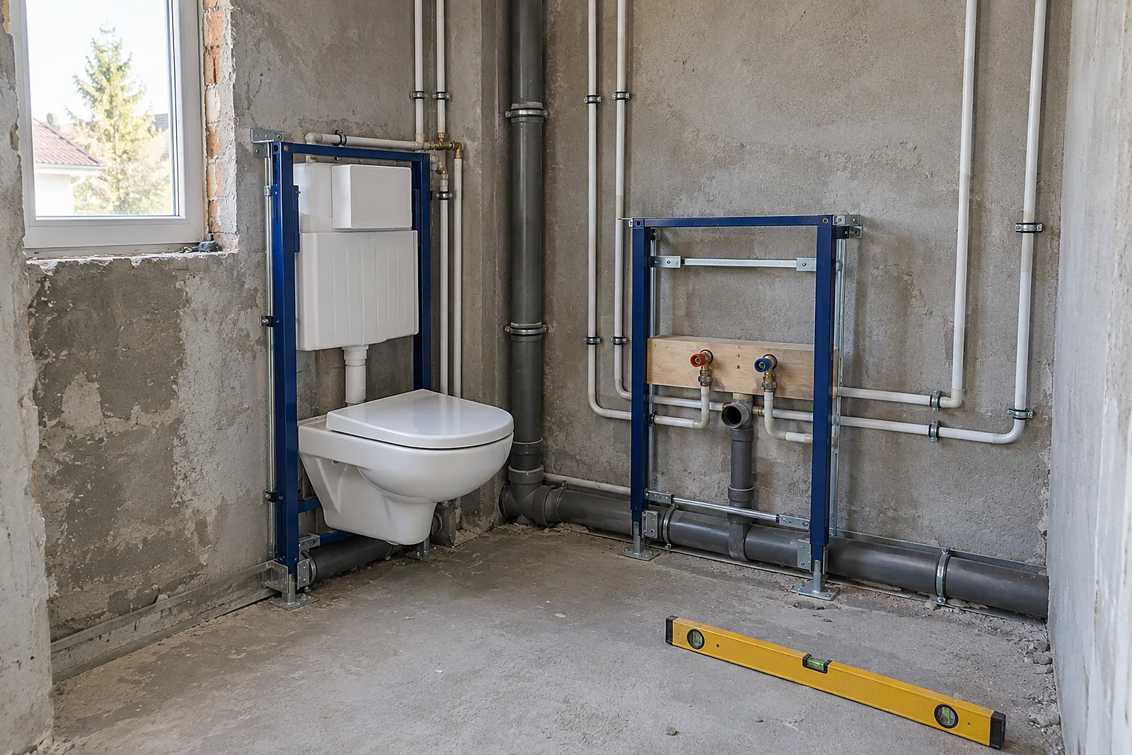 WC und Vorwand in Düsseldorf: Rohinstallation mit Vorwandelementen für WC und Waschtisch und neuen Leitungen