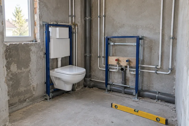 Komplettsanierung Bad in Düsseldorf: Rohinstallation mit Vorwandelementen für WC und Waschtisch und neuen Leitungen