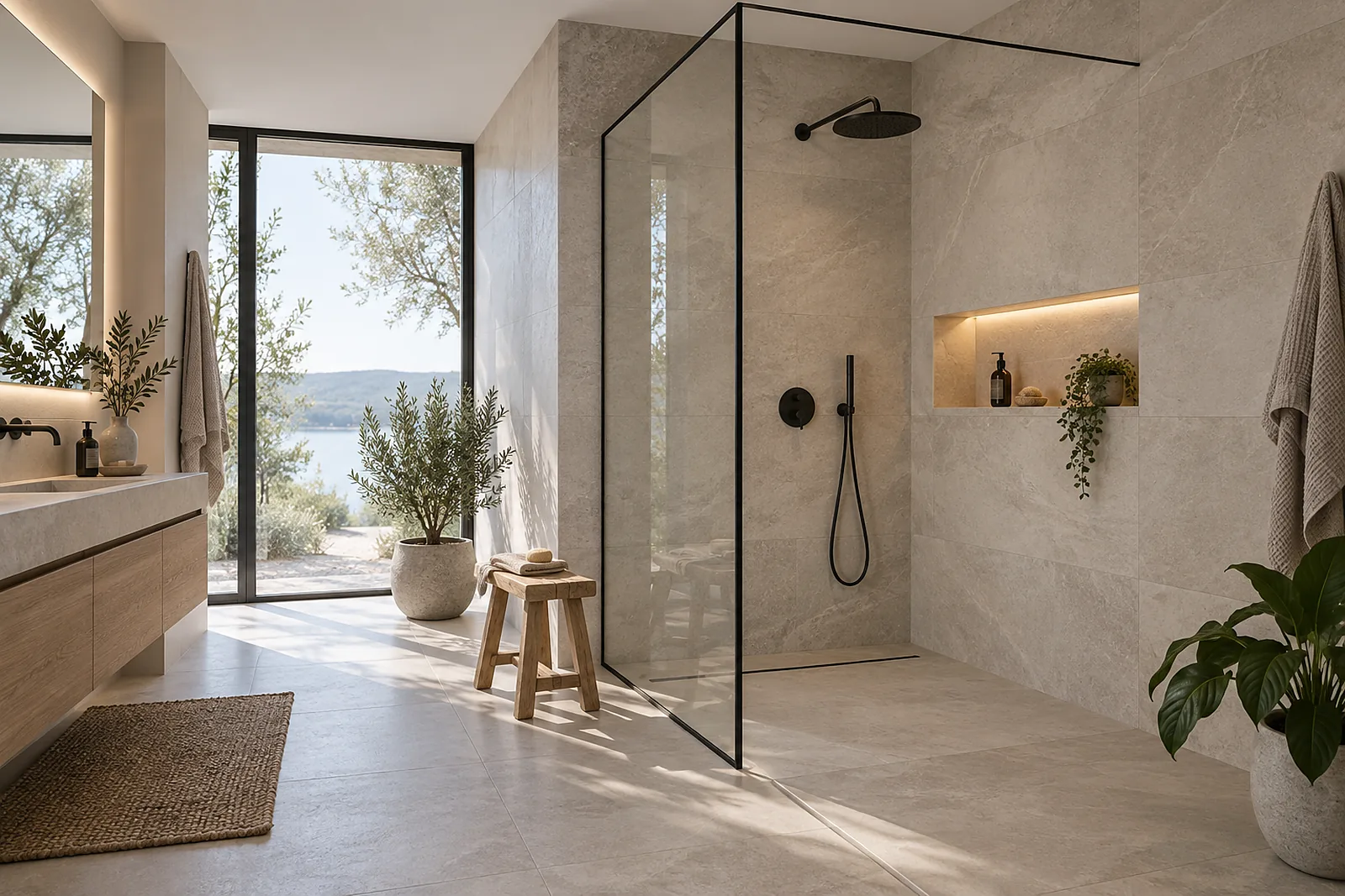 Badewanne oder Dusche: offene Walk-in-Dusche mit Klarglaswand, Regenbrause und beleuchteter Nische