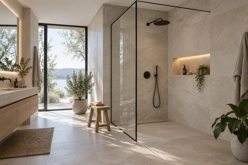 Walk-in-Dusche in Düsseldorf: offene Walk-in-Dusche mit Klarglaswand, Regenbrause und beleuchteter Nische