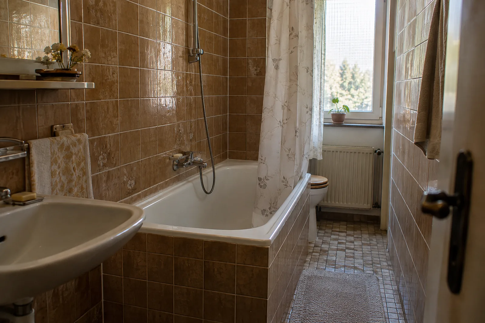 Dusche statt Badewanne in Düsseldorf: alte Einbauwanne mit gefliester Schürze in einem schmalen Bad der 1970er-Jahre