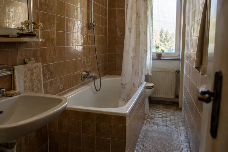 Kosten Dusche statt Badewanne: alte Einbauwanne mit gefliester Schürze in einem schmalen Bad der 1970er-Jahre
