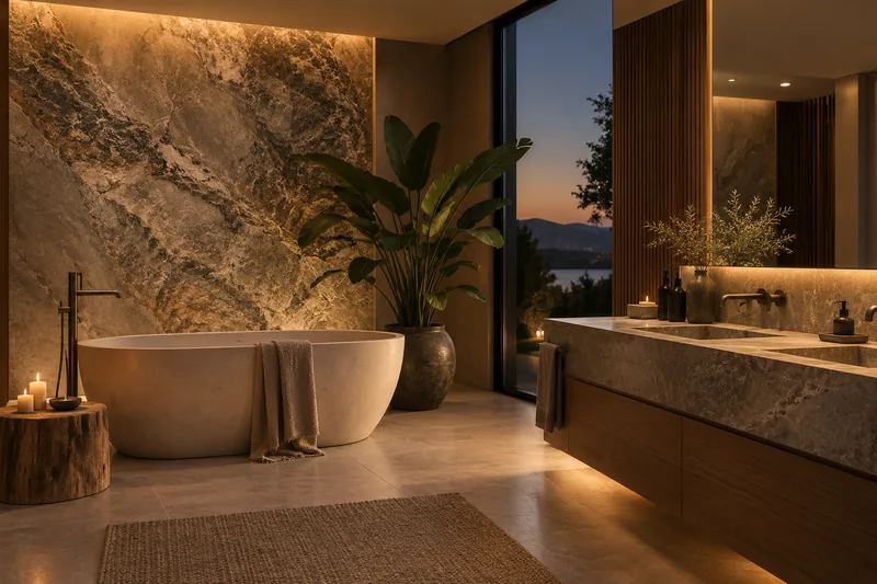 Designbad in Düsseldorf: Designbad mit freistehender Badewanne vor einer Natursteinwand im Abendlicht