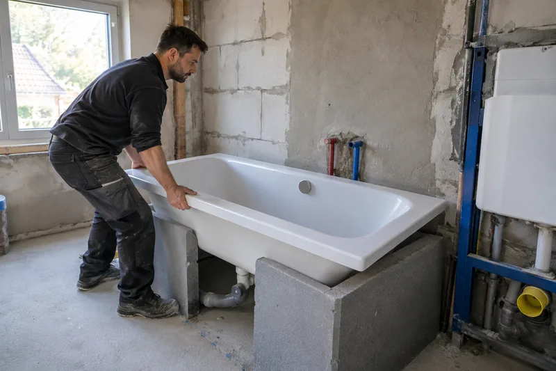 Badewanne Maße: Installateur setzt eine neue Einbauwanne auf den Wannenträger