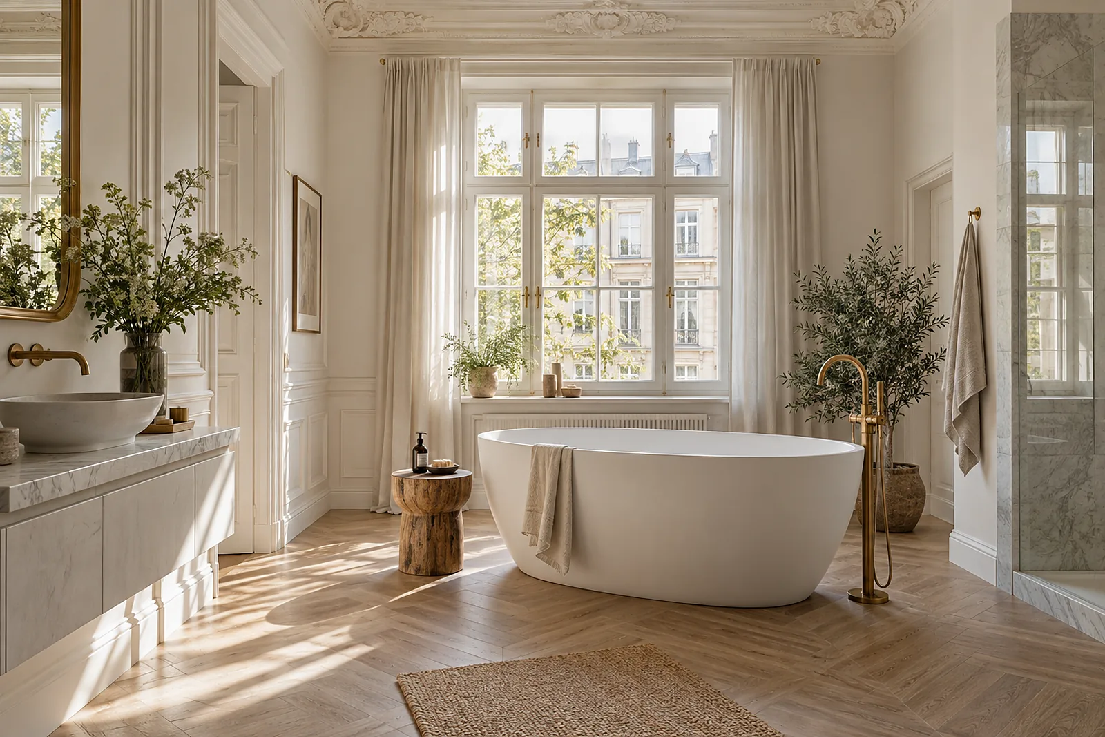 Designbad in Düsseldorf: freistehende Badewanne im Altbaubad mit Sprossenfenster und Stuckdecke