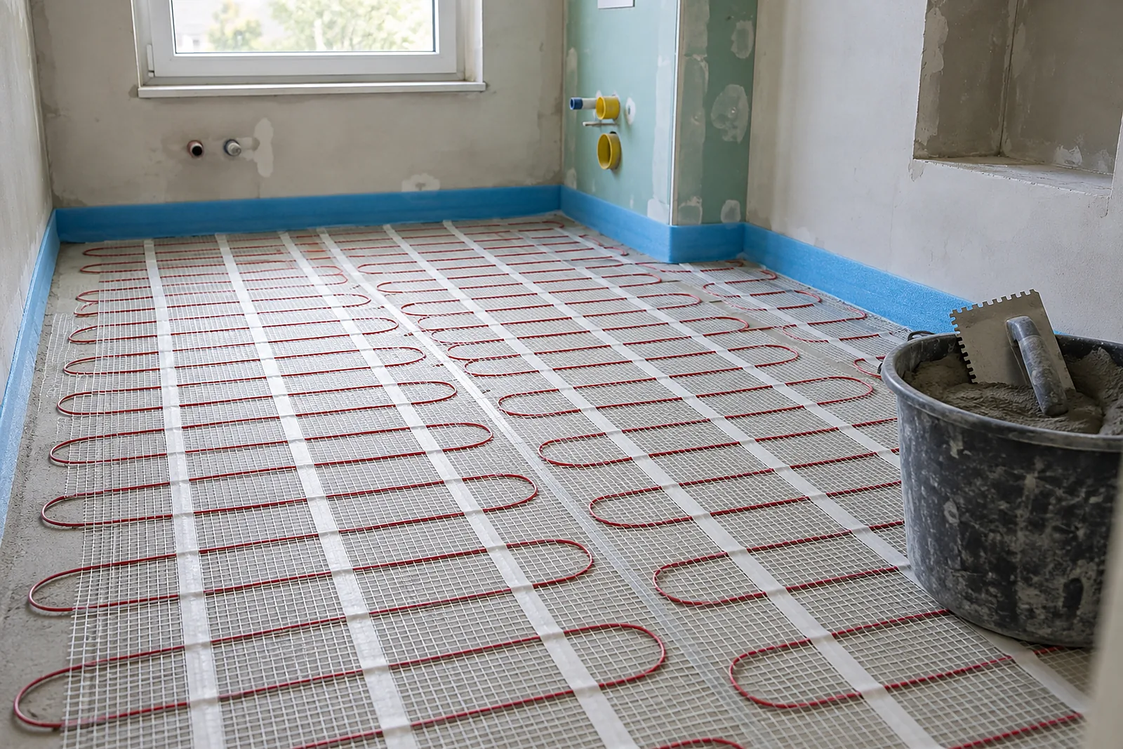 Badsanierung Kaarst: elektrische Heizmatte auf dem Badboden vor dem Fliesenlegen
