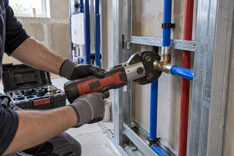 Sanitärinstallation in Düsseldorf: Installateur verpresst ein Fitting an einer neuen Wasserleitung in der Vorwand