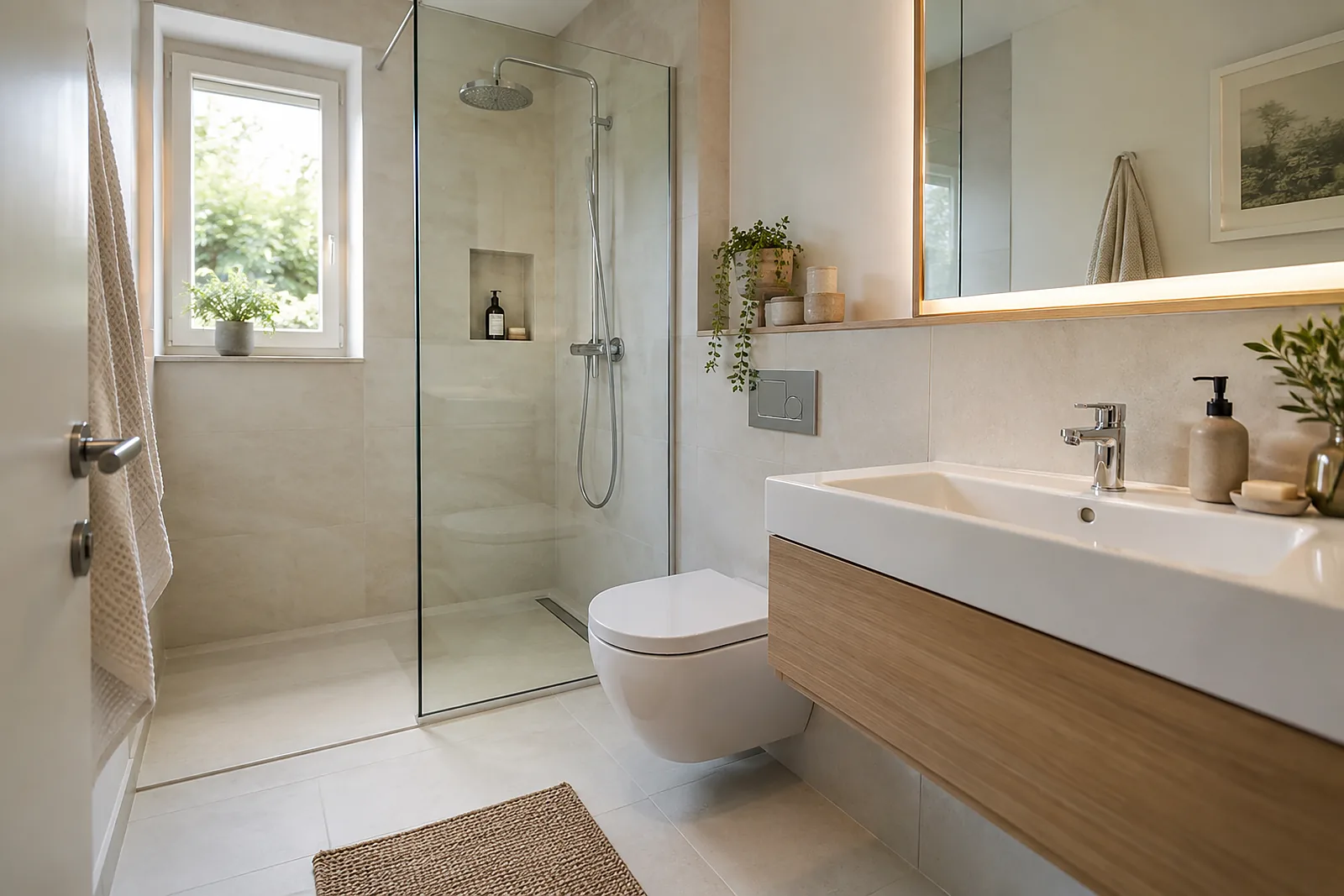 Mindestmaße im Bad: kleines Bad mit rund vier Quadratmetern, Dusche, WC und schmalem Waschtisch