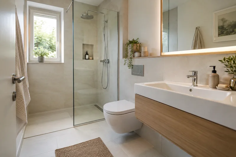 Kleines Bad: kleines Bad mit rund vier Quadratmetern, Dusche, WC und schmalem Waschtisch