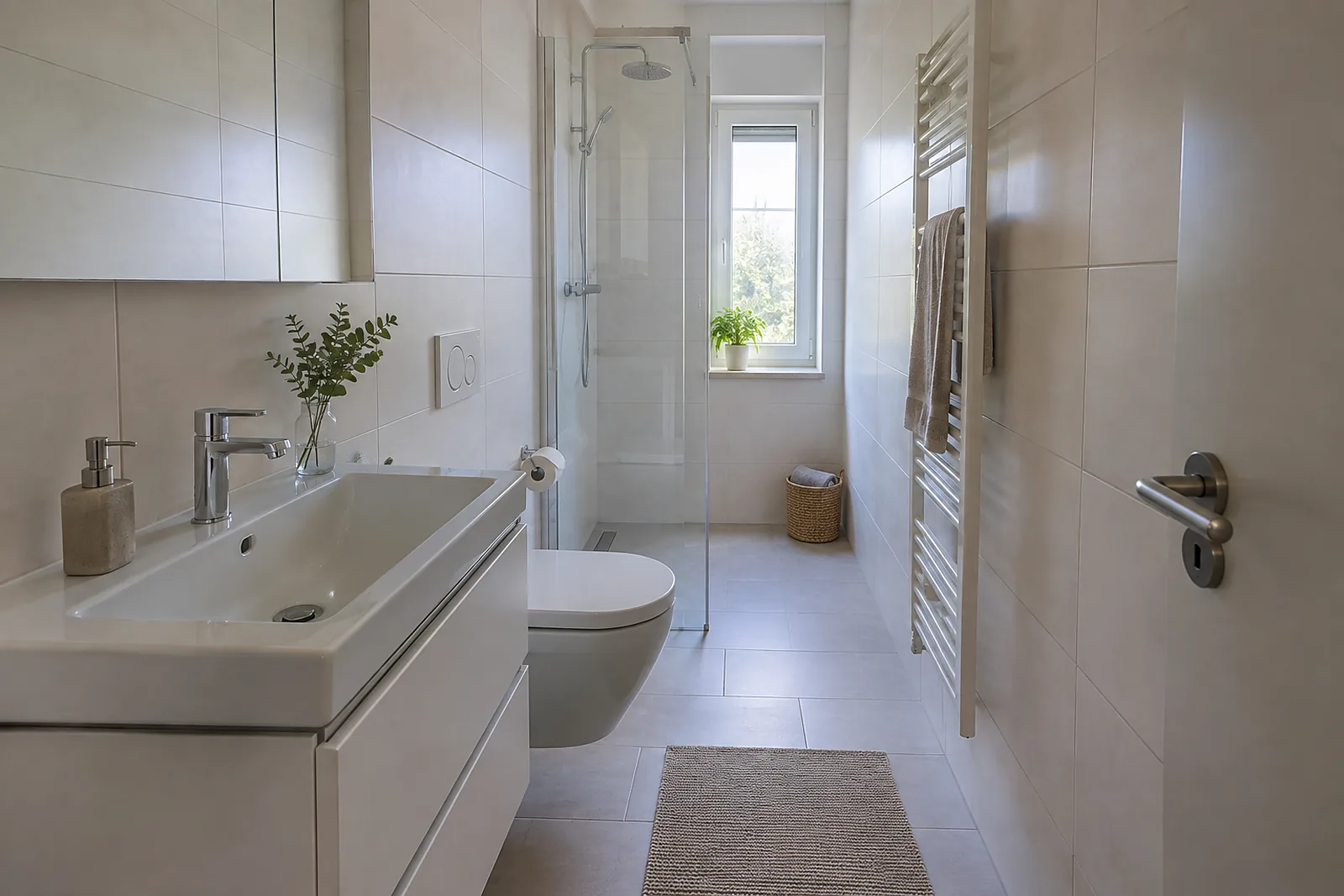 Kleines Bad: schmales, langes Bad mit Dusche am Fensterende