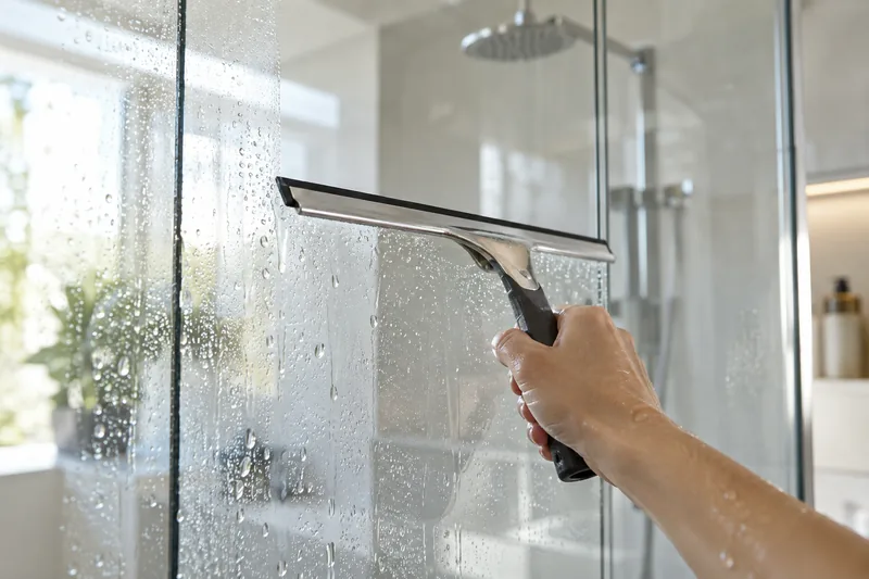 Kalk im Bad: Duschglaswand mit Wassertropfen und Glasabzieher