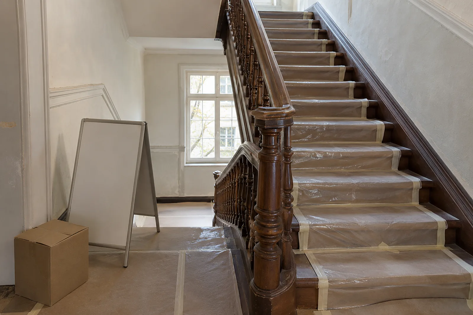 Dauer einer Badsanierung: Treppenhaus eines Altbaus mit abgedeckten Stufen während des Badumbaus