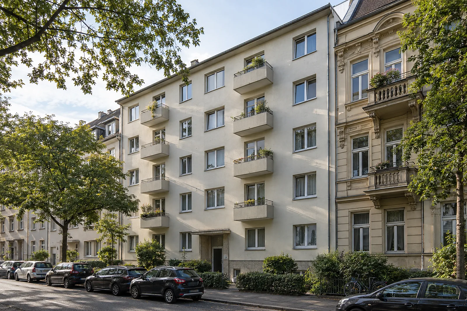 Badsanierung Bilk: Mehrfamilienhaus der 1950er-Jahre mit heller Putzfassade neben einem Altbau