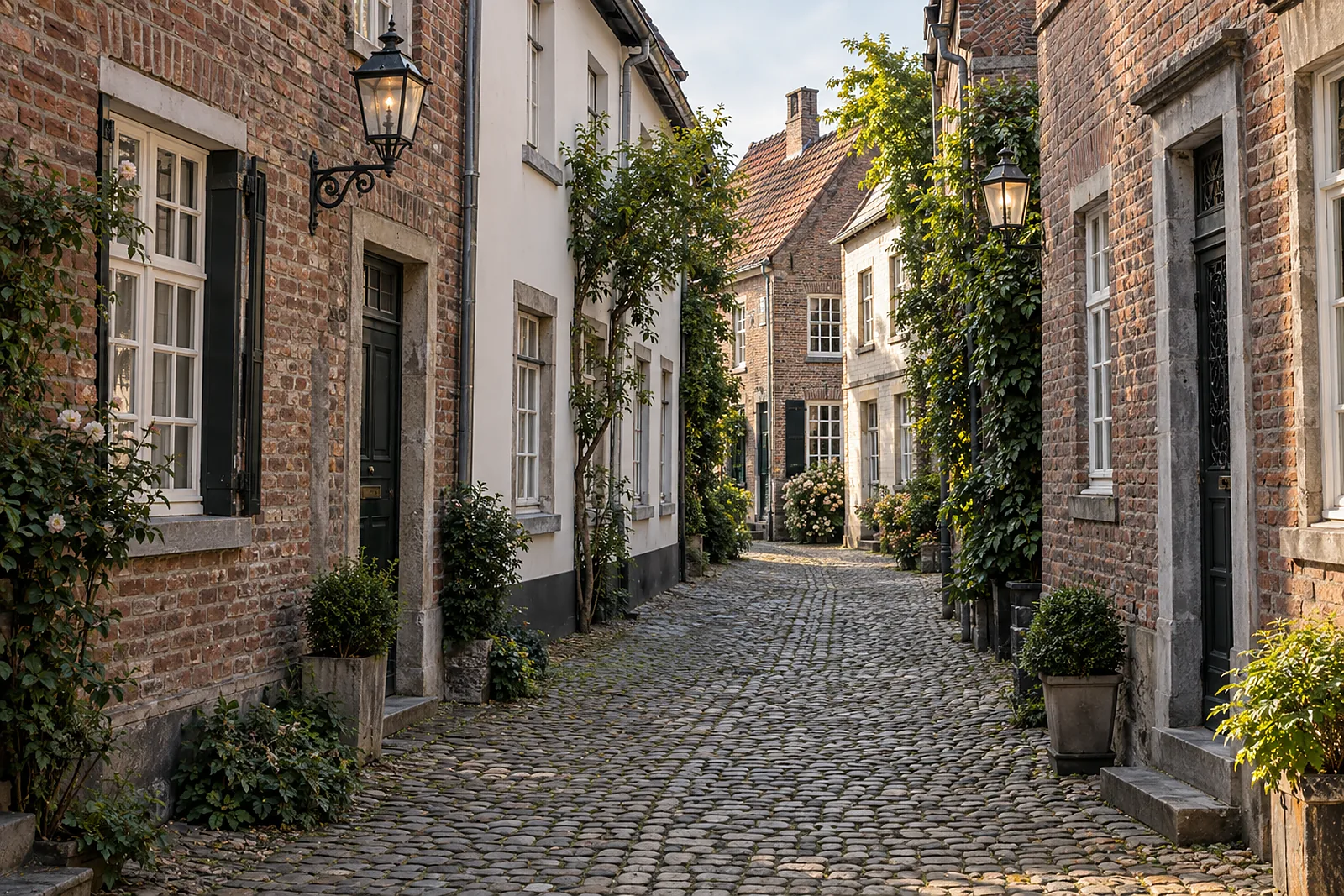 Badsanierung Haan: historische Gasse mit Backstein- und Putzhäusern und Kopfsteinpflaster
