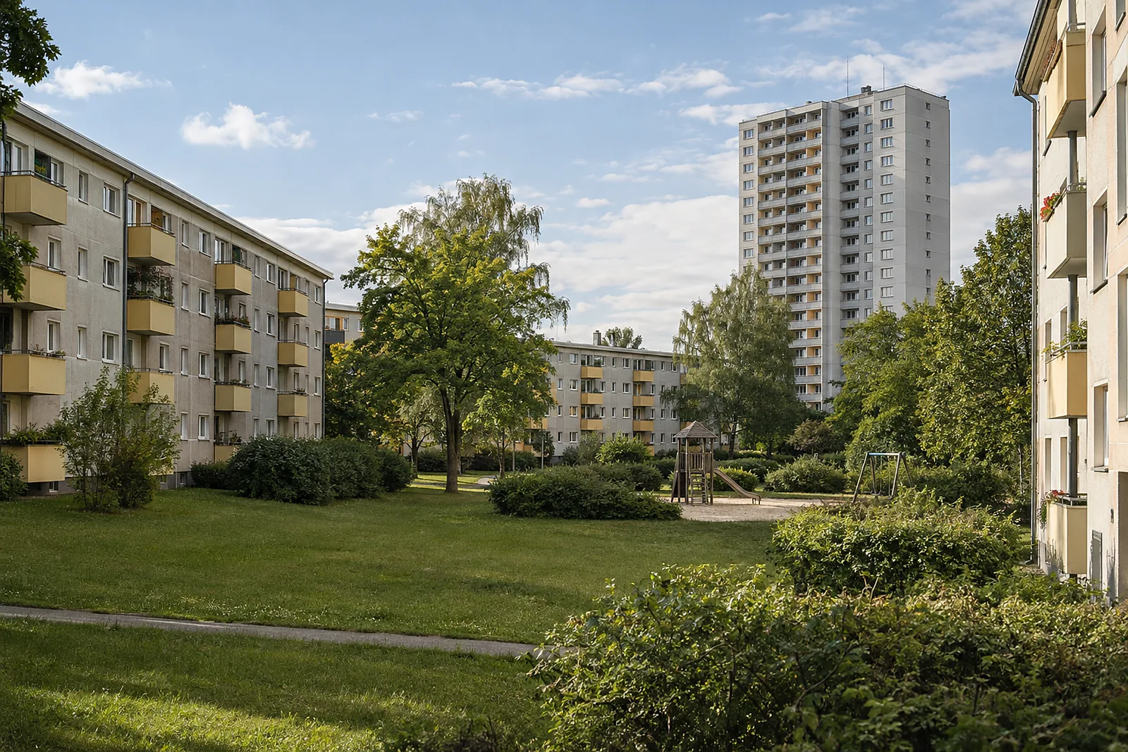 Badsanierung Garath: Wohnsiedlung der 1960er-Jahre mit Zeilen, Hochhaus und viel Grün