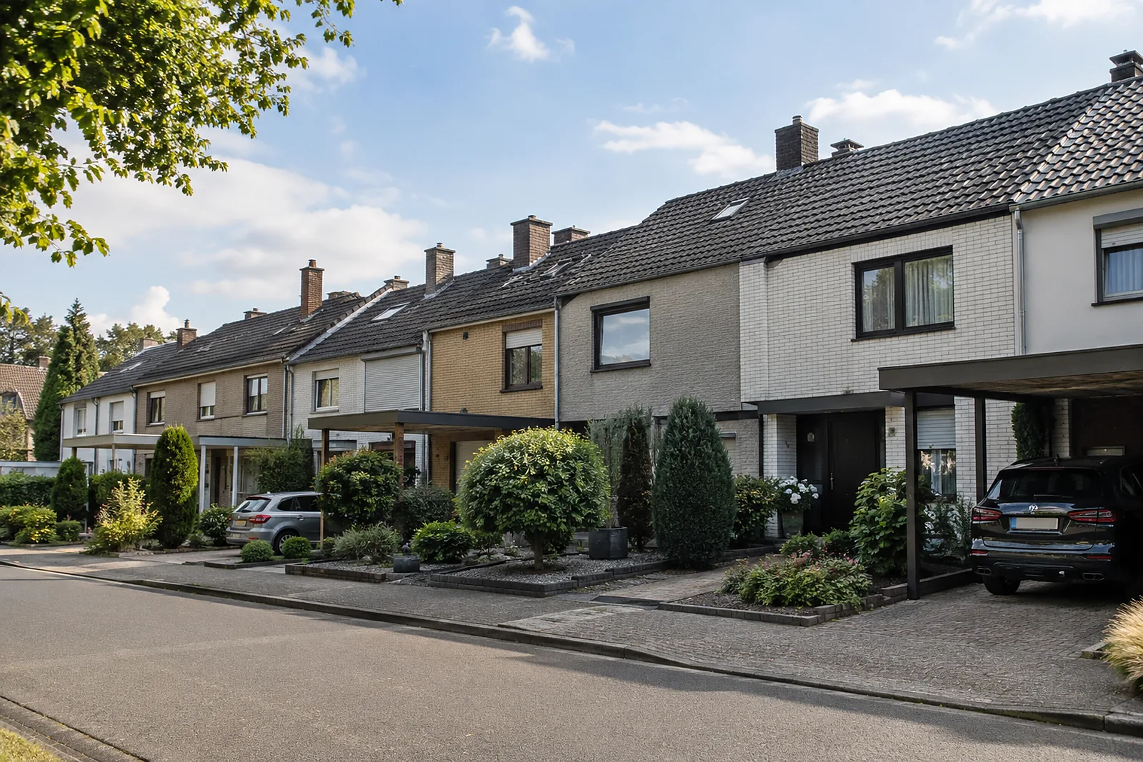 Badsanierung Urdenbach: Reihenhauszeile der 1970er-Jahre mit Vorgärten und Carports