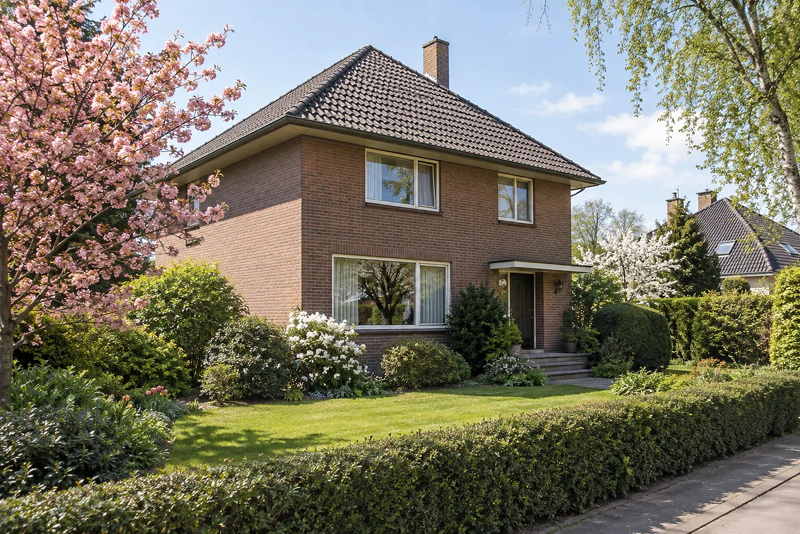 Badsanierung Wersten: Einfamilienhaus der 1960er-Jahre mit Walmdach, Klinker und Garten