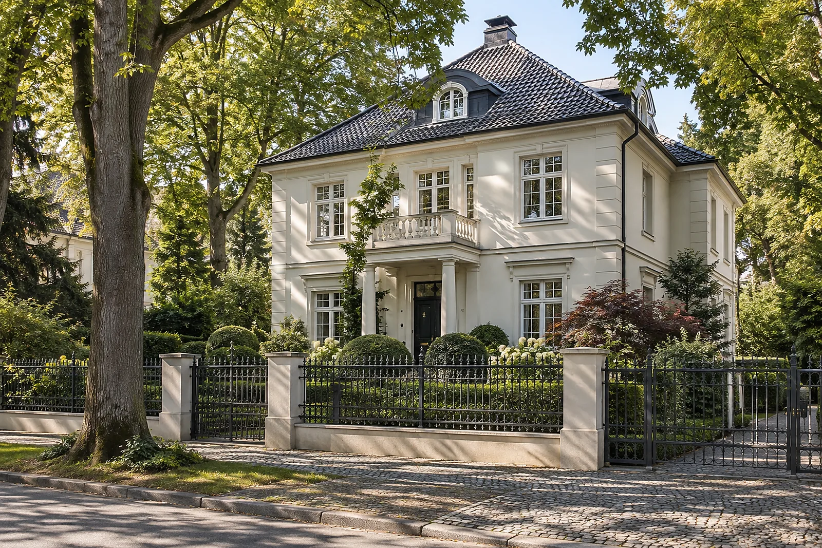 Badsanierung Grafenberg: Villa um 1910 mit Walmdach und altem Baumbestand