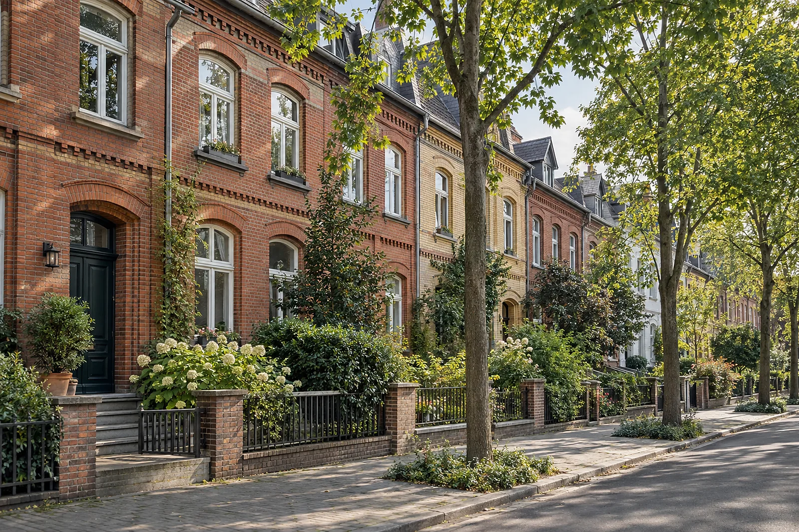 Badsanierung Gerresheim: zweigeschossige Backstein-Stadthäuser um 1900 mit Vorgärten