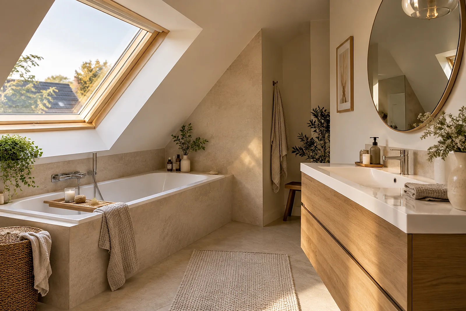 Badsanierung Mettmann: Bad unter der Dachschräge mit Dachfenster über der Badewanne